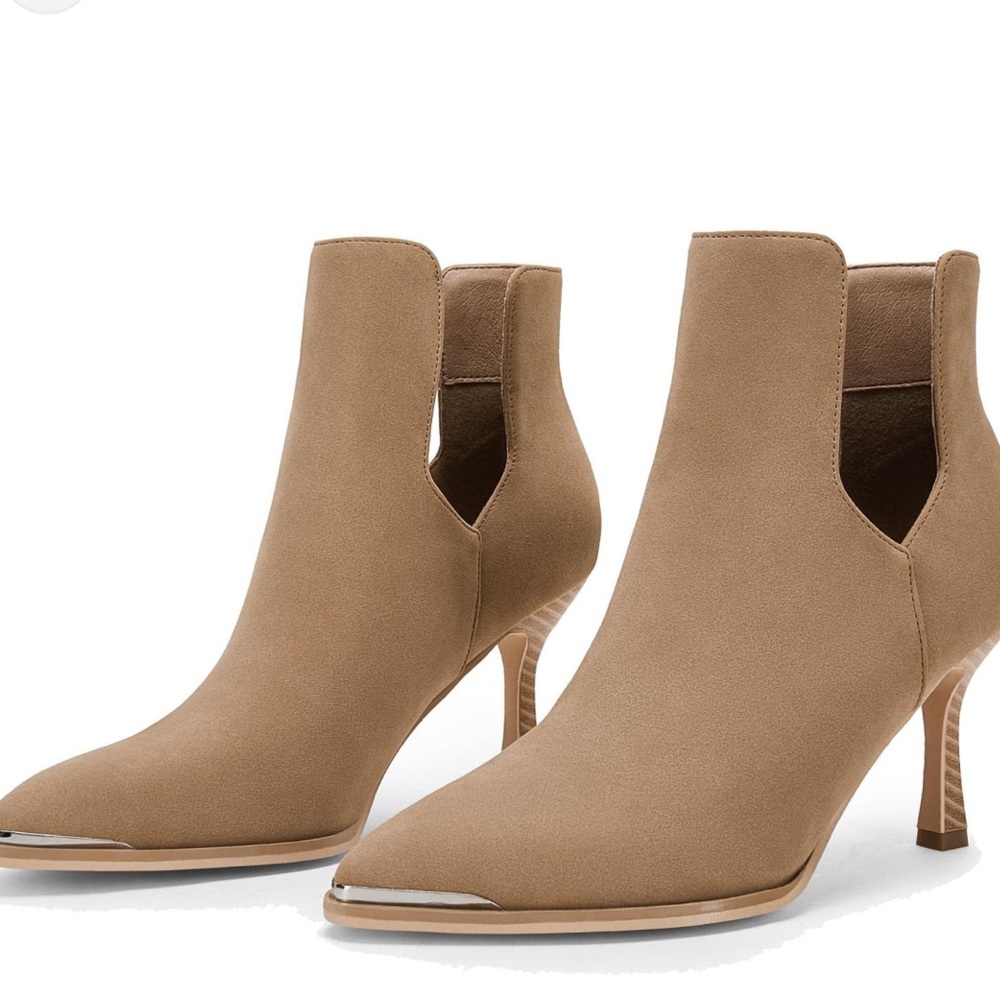 LAICIGO Womens Kitten Heel Pointed Toe V Cutout Slip on Faux Suede Short Booties